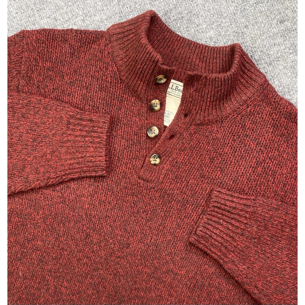 Vintage LL BEAN Raglan Sweater 100% Lambswool Red Knit XL Henley Button Neck